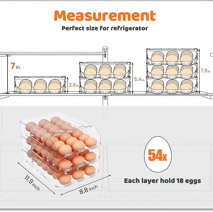 Egg Holder for Fridge, Automatic Steady Rolling Egg Dispenser with Silicone Bumpers & Handle for Refrigerator, Large Capacity Egg Organizer with Lid