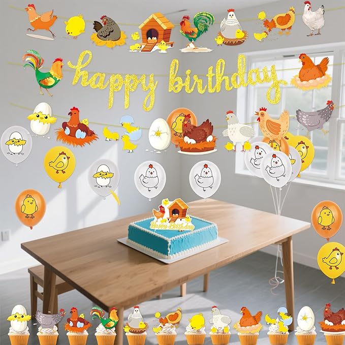 Chicken Party Decorations Gold Glitter Happy Birthday Banner Chicken Paper Garlands Chick Balloons Cake Cupcake Topper for Spring Easter Farm Theme Party Decor Supplies