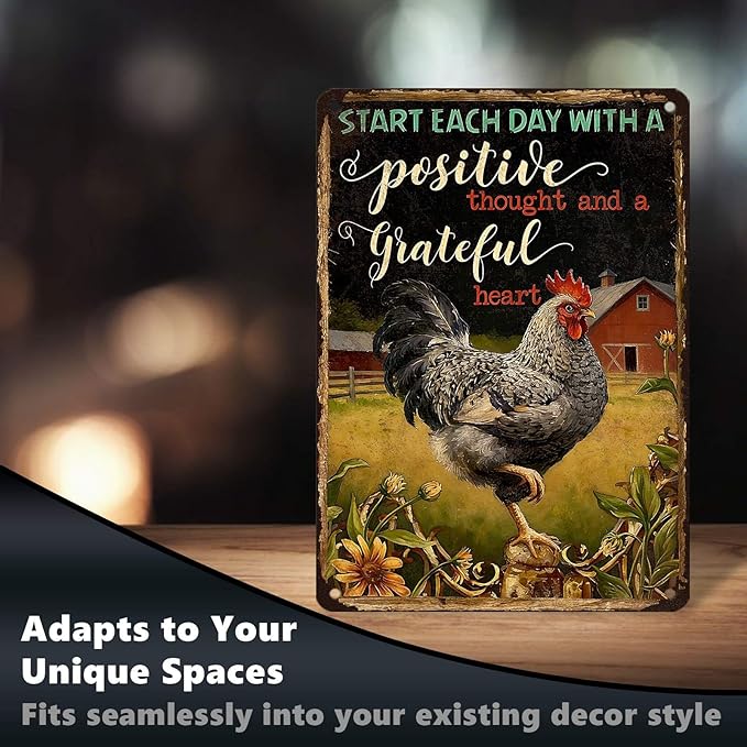 Chicken Metal Sign Chicken Coop Metal Decor Start Each Day Tin Signs Vintage Farmhouse Poster Rustic Wall Decor For Home Farm Poultry House Fence Kitchen Fence Porch Office Cafe 16 * 12 In