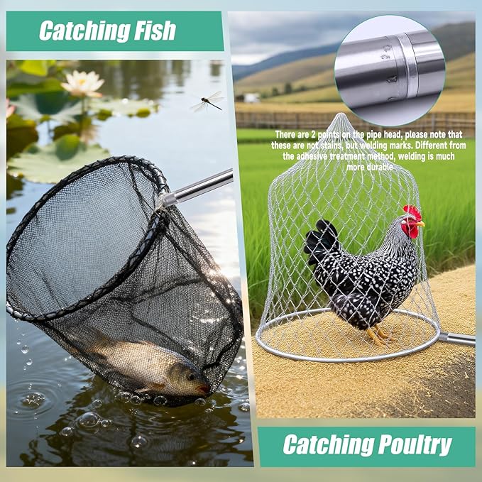 2 Sets Chicken Catching Net Extra Thick 2 Poles 5.25 FT Poultry Fishing Net Extendable Landing Animal Catcher for Bird, Chicken, Goose, Ducks, Fish, Cat(2 Nets, 2 Poles with 3 Sections Each,46 Inches)