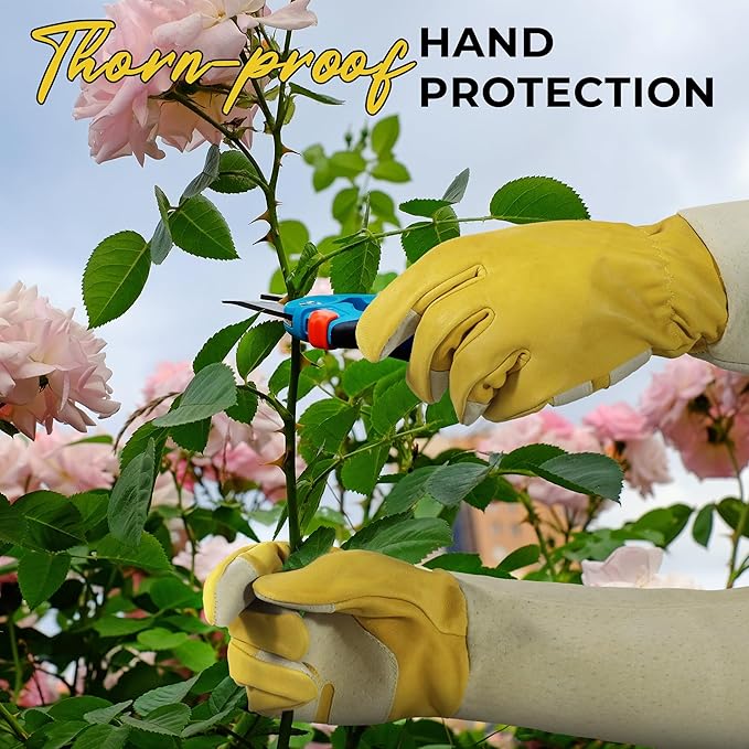 HANDLANDY Rose Pruning Gardening Gloves for Men Women, Thorn Proof Forearm Protection Leather Garden Gloves, Gardening Gifts for Gardeners (Butter Yellow, X-Large)