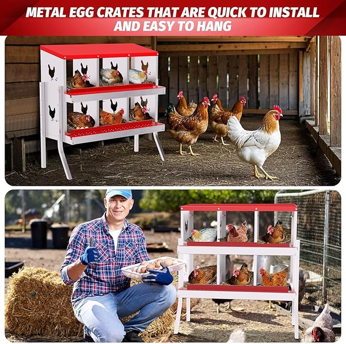 Metal Chicken Nesting Boxes, Heavy-Duty Galvanized Steel Egg Laying Box with 6 Compartments, Rustproof, Easy to Install & Clean, Wall-Mountable Design for Poultry Coops- Red with Stand