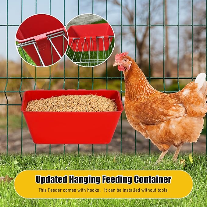 2 Pack Chicken Feeder Waterer,2.5 Quart Hanging Chicken Feeder Trough with Hooks Versatile Feeding Container for Chicken Duck Goose Rabbit Duck Feeder Poultry and Livestock Water Trough（Red）