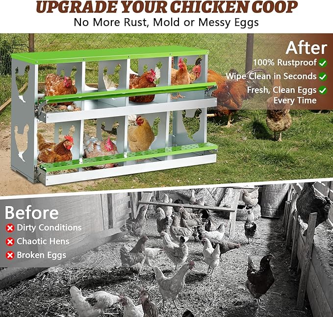 Chicken Nesting Box,Heavy Duty Metal Nest Boxes,8 Hole Roll Away Nesting Boxes,with Large Vented Holes,Wall-Mountable Chicken Coop Nesting Boxes,for Chickens,Ducks,Large Egg Boxes (Green 8 Hole)