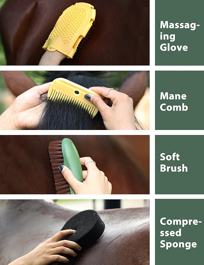 11-Piece Professional Horse Grooming Kit with Waterproof Tote Bag, Non-Slip Silicone Grip Brush Set, Curry Comb, Hoof Pick & Mane Comb Pasture Glow