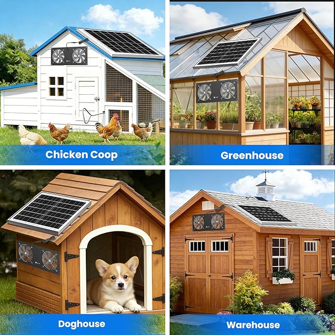 Solar Powered Fan with Battery & Timer, 40W 18000 mAh 3500RPM High-Speed Small Solar Exhaust Fan for Chicken Coop, Greenhouse, Shed, Vent, Doghouses, Windows, Outside Rainproof
