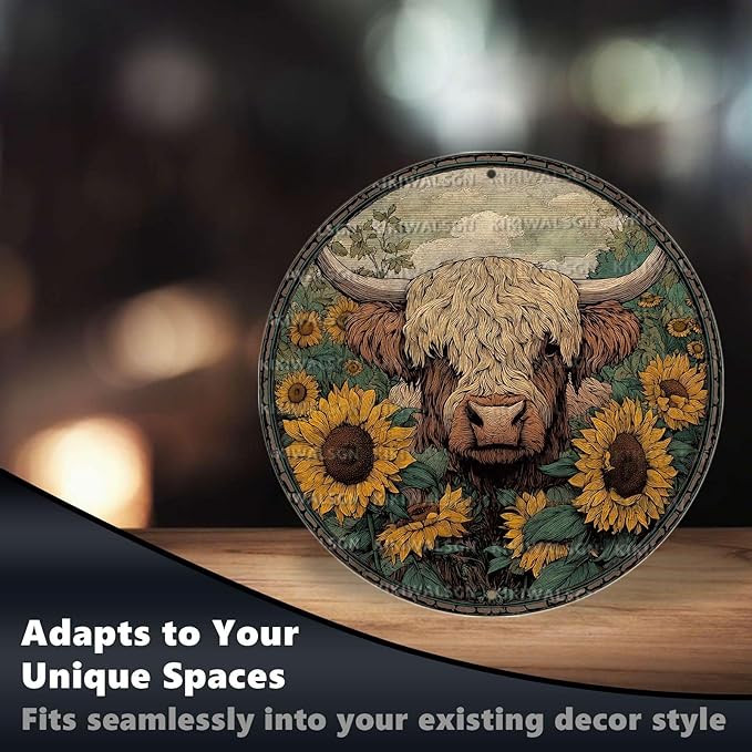 Vintage Highland Cattle Round Metal Sign Retro Sunflower Tin Sign Nostalgic Rustic Wall Decor Bedroom Living Room Cafe Yard Office Fence Door Outside Farmhouse Farm 8 * 8 In