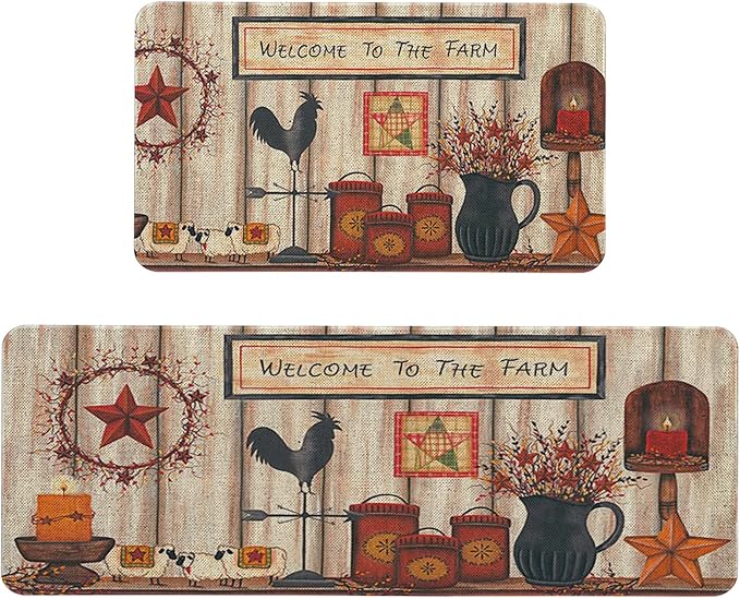 Roszwtit Farmhouse Kitchen Rugs and Mats Set of 2, Welcome to The Farm Rooster Kitchen Mat, Seasonal Holiday Cooking Sets Washable Non-Slip Floor Mats for Home Kitchen Decor - 17x29 and 17x47 Inch