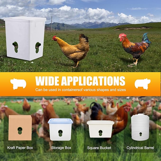 Chicken Feeder Port 12 Pack Poultry No Waste Port Kit with Stopper Lid, 1 Hole Saw, DIY Automatic Reusable Coop Feeder, Rain Proof Gravity Feeding Geese Duck Hens Rooster for Bucket Barrel Bin (Green)