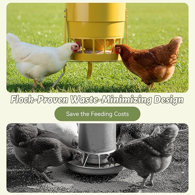 KOL Chicken Feeder No Waste for Coop & Outdoors, 16 Port 50lbs Poultry Feeder with Spill-Control Design, Rust-Proof Powder Coated Metal & Smooth Safe Edges (Yellow)
