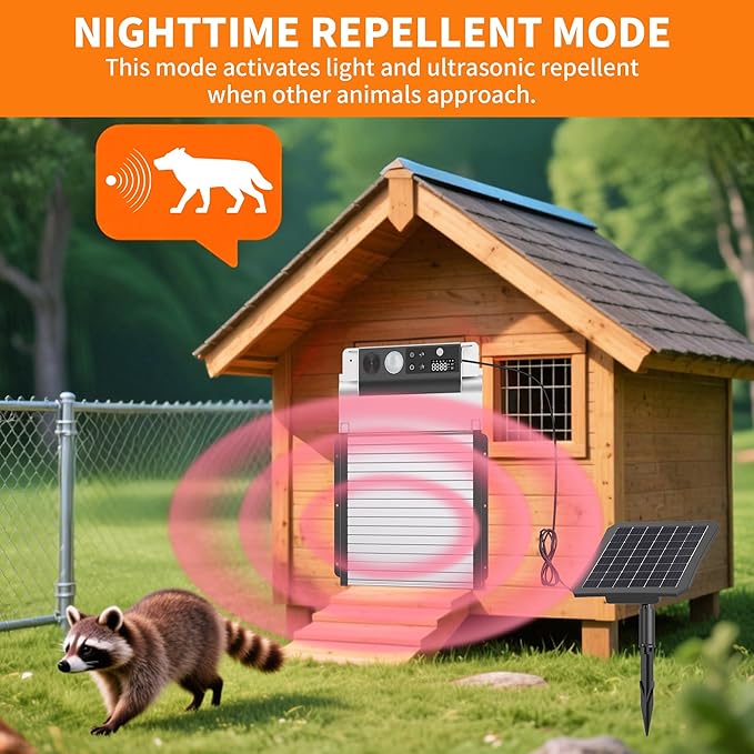 Automatic Chicken Coop Door Solar Powered, LCD Display Automatic Chicken Door with Timer & Light Sensor, 4 Modes Auto Chicken Door Solar with Remote Control, Anti-Pinch & IPX5 Waterproof Coop Door