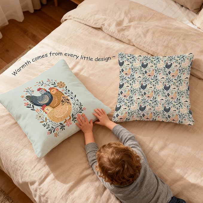 Rustic Floral Chicken Pillow Covers 18x18, Chicken Lover Lady Mom Gifts, Cottagecore Flower Farmhouse Hen Decorative Throw Pillow Covers for Home Bedroom Living Room, Set of 2,Color-2