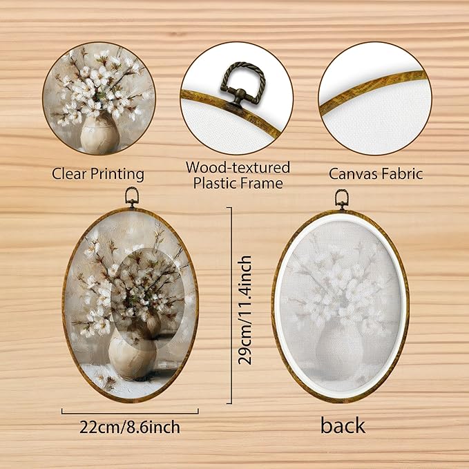 Hiuwevt Vintage Floral Round Wall Art Decor, Rustic Farmhouse Floral Framed Canvas Prints, Cottagecore Botanical Round Wall Hanging Decor for Home Bedroom Living Room Decorations, 8.6x11.4 Inches