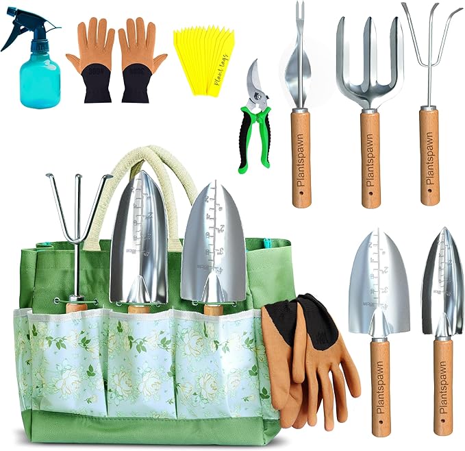 9 PCS Gardening Tools Set with Bag | Heavy-Duty Rust-Proof Hand Tools with Wooden Handles Including 15 Plant Tags | Ideal Gift for Women, Men, Mom, Dad & Gardeners