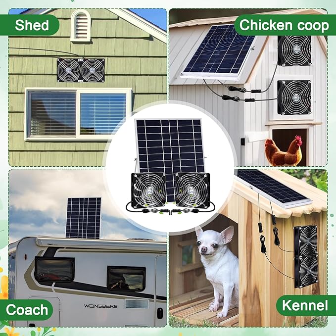 20w Solar Powered Fan Kit for Chicken Coop IP67 Waterproof Dual Solar Greenhouse Fan 3500 RPM High Speed Exhaust Fan with 10ft Cable for Shed Pet House Window Outside Inside(1 Set)