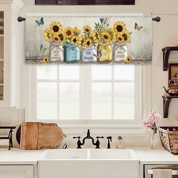 Miyotaa Rustic Sunflower Farmhouse Kitchen Curtain Valance 54W x 18H Rod Pocket Quotes Motivational Inspirational Country Vintage Window Treatment for Living Room Bedroom Bathroom