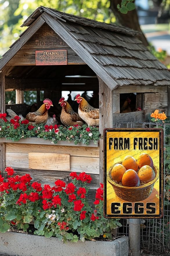 Vintage Farm Chicken Metal Sign Fresh Eggs Metal Poster Home Bathroom Kitchen Farmhouse Garden Coffee Retro Aluminium Sign Art Wall Decor Plaque 16x12 Inch