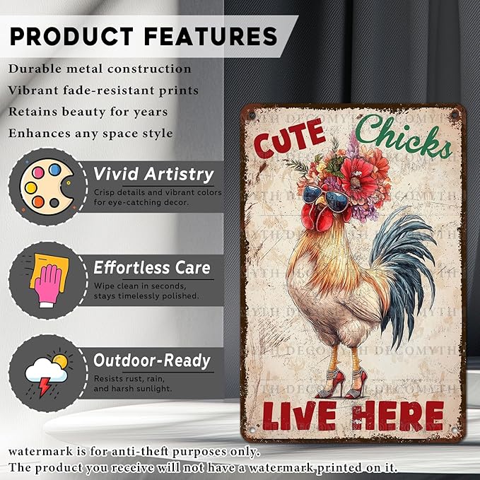 Vintage Chicken Coop Tin Sign Cute Chicks Live Here Retro Metal Poster Funny Pet Lovers Wall Art Accessories for Coop Shop Bar Farmhouse Garden Plaque Farm Room Bathroom Restroom 12 * 8inch