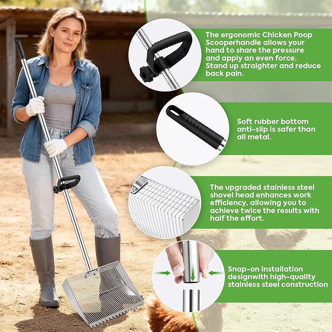 Chichen Poop Scooper Rake: 15in Extra Large Rake and Shovel,Chichen Pooper Scooper with Plastic Handle,Metal Chicken Coop Accessories,Tool for Manure Cleaning in Small Poultry and Stable