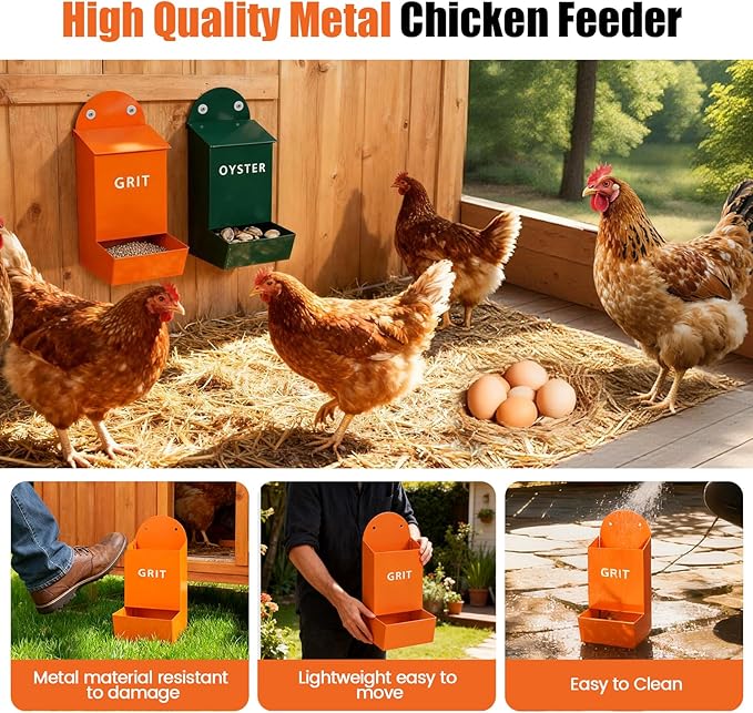2Pack Chicken Grit and Oyster Shell Feeder,Heavy-Duty Metal Chicken Feeder with Lid Coop Accessories Supplies Hanging Gravity Poultry Feeders Trough for Strong Eggs