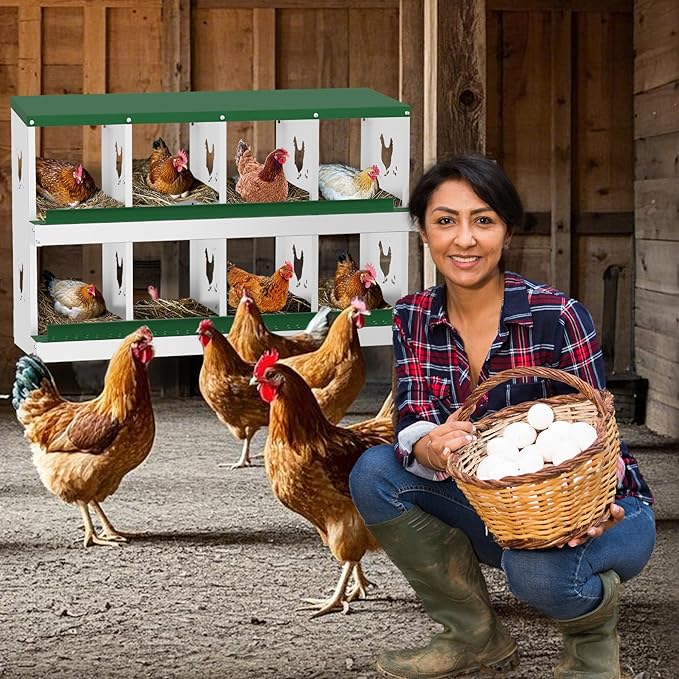 Chicken Nesting Boxes, 8-Compartment Metal Egg Laying Box with Swing Perch and Secure Lid – Versatile Wall Mount or Free Standing Suitable for Various Chicken Breeds - Green