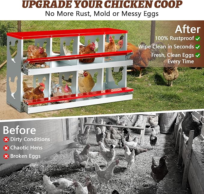 Chicken Nesting Box,Heavy Duty Metal Nest Boxes,8 Hole Roll Away Nesting Boxes,with Large Vented Holes,Wall-Mountable Chicken Coop Nesting Boxes,for Chickens,Ducks,Large Egg Boxes (Red 8 Hole)