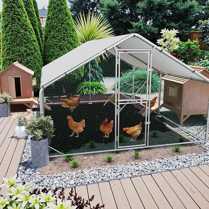 Large Metal Chicken Coop, 10x13x6.5FT Chicken Runs for Yard with Cover and Roosting Perch, Split Doors Walk in Chicken Coop