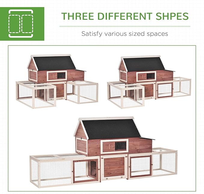 PawHut 114" Chicken Coop Wooden, Customizable Outdoor Chicken Cage Poultry Hen House with Nesting Box, Double Runs, Asphalt Roof, Ramp, for Garden Backyard