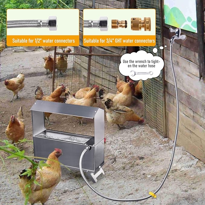 1.5 Gallon Automatic Chicken Waterer,Stainless Steel Chicken Water Feeder with Leg,Automatic Water Dispenser for Poultry Duck with Float Valve Kit,Hose and 1/2" to 3/4" GHT Adapter