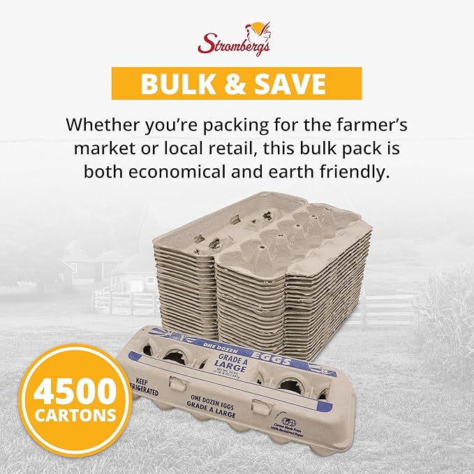 Stromberg's Grade A Large Printed Egg Cartons, Biodegradable and Eco-Friendly, Made From Recycled Materials, With Educational Prints for Safe Handling Instructions and Nutrition Facts, 4,500 Pack