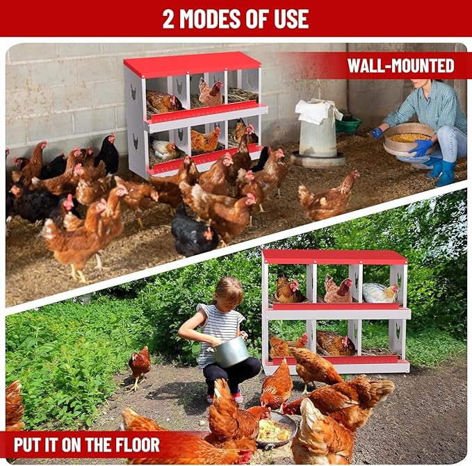 TrailBlaze Chicken Nesting Box 6 Compartments Laying Boxes, Metal Chicken Egg Laying Box with Rollout Egg Collection, Large Vented Holes Chicken Coop for Chickens, Hens (Red)