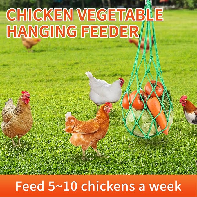 Chicken Feeder and Waterer Set, 13 lb No Waste Automatic Chicken Feeder Bucket & 2 Gallon Gravity Chicken Waterer, Poultry Feeder Kit with Vegetable Hanging Net, Chicken Coop Accessories for Hens