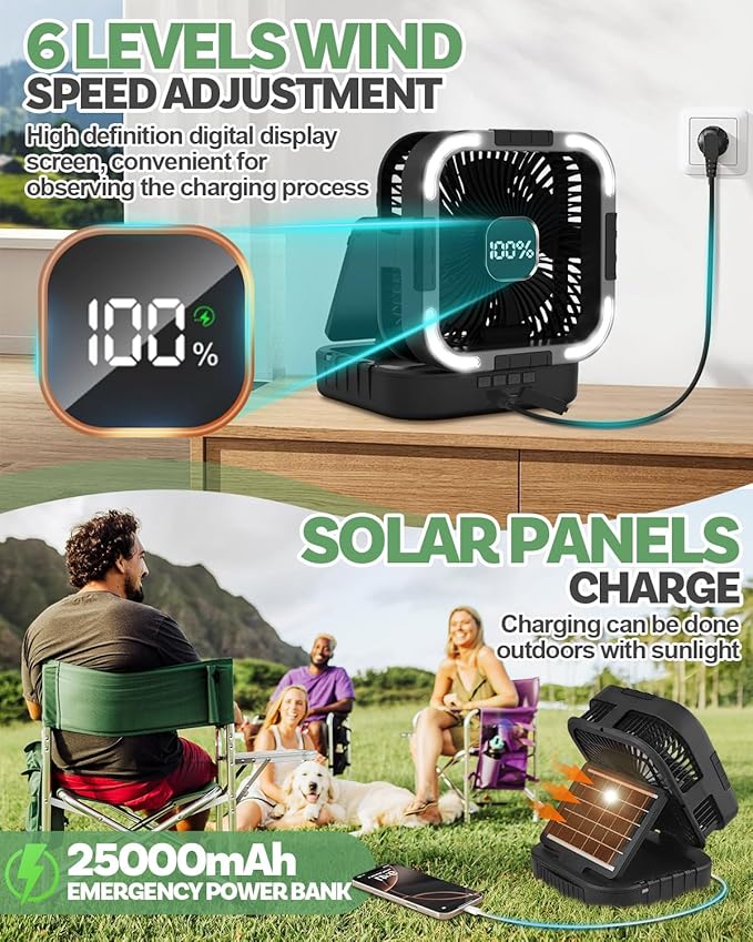 25000mah Camping Solar Fan, 120° Oscillation Rechargeable Solar Powered Fan with LED Light, 6 Adjustable Speeds Battery Powered Portable Fans, USB-C Fans for Travel Tent Camping Accessories