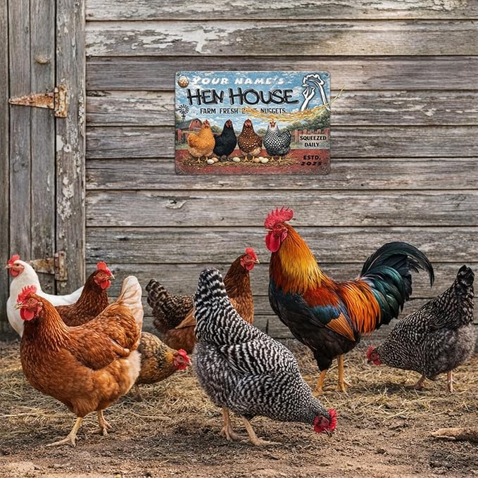 Personalized Hen House Sign with Your Name & Date, Funny Farm Fresh B-u-t-t Nuggets Saying, Custom Rustic Metal Plaque for Chicken Coop & Farmhouse Decor, Vintage Barn Wall Art