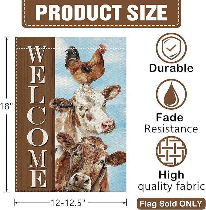 Dyrenson Vintage Farm Animals Welcome Decorative Garden Flag, Retro Farmhouse Cow Rooster Chicken Yard Outside Home Decoration, Rustic Country Burlap Outdoor Small Decor Double Sided 12 x 18