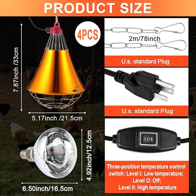 Honoson 4 Pcs 250w Chicken Heat Lamp for Winter Chicken Coop Heater Brooder Heater with Heat Lamp Aluminum Alloy Shade & 6.6' Hanging Chain Radiant Chick Coop Accessories Heated Warmer for Chick Pet
