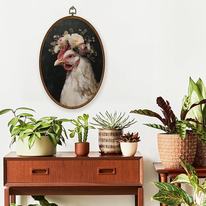 WULQYING Vintage Floral Chicken Wall Art Decor, Country Farmhouse Farm Animal Oval Framed Canvas Art Prints, Cottagecore Floral Chicken Wall Hanging Decor for Home Bedroom Living Room, 8.6x11.4 Inches