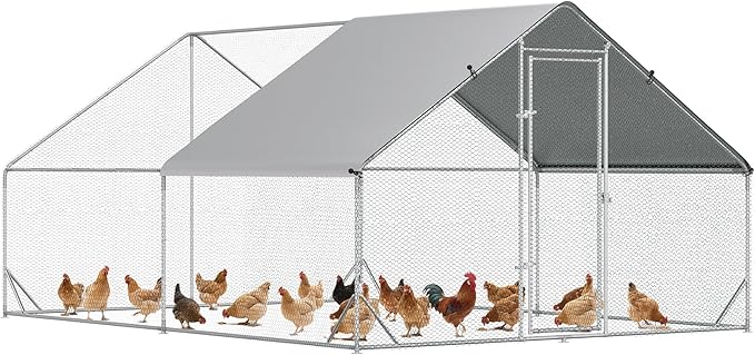 PawHut Large Chicken Coop Metal Chicken Run with Waterproof and Anti-UV Cover, Spire Shaped Walk in Fence Cage Hen House for Outdoor and Yard Farm Use, 1" Tube Diameter, 9.8' x 13.1' x 6.6'
