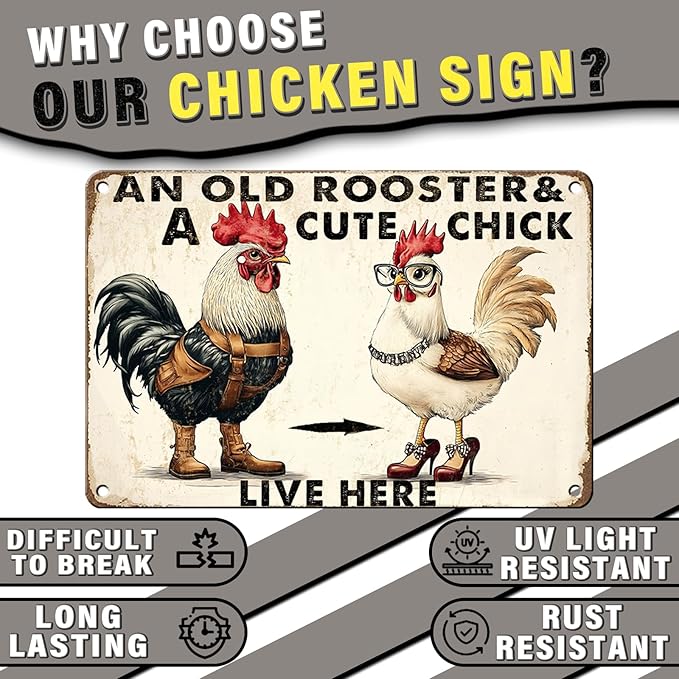 PEACHGARDEN Funny Chicken Metal Sign An Old Rooster A Cute Chick Live Here Vintage Tin Sign for Home Farm Chicken Coop Farmhouse Kicthen Garden Decor 8X12inch