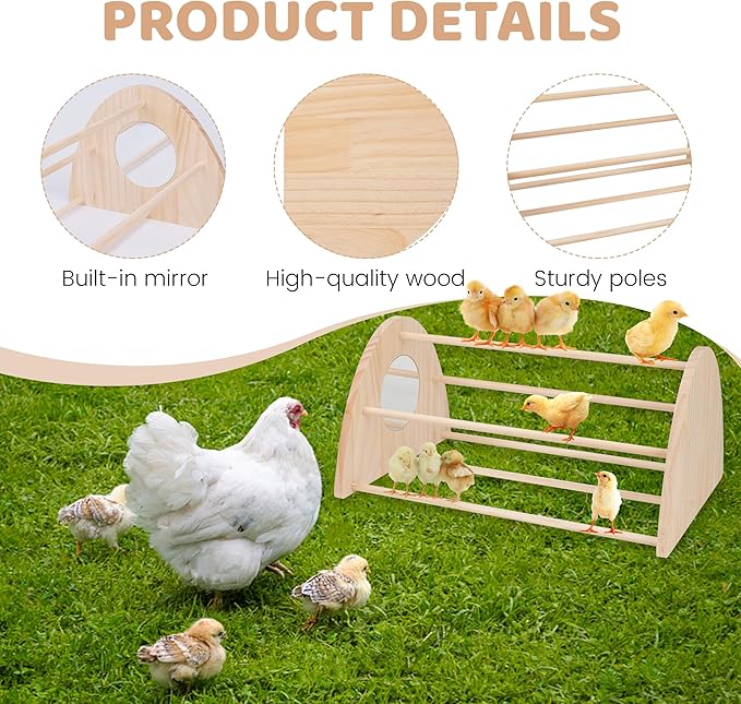 16 inches Extra Long Chicken Perch, Strong Wood Roosting Bar with Built-in Mirrors for Chicks Entertain, for Chick Jungle Gym at coop and brooder