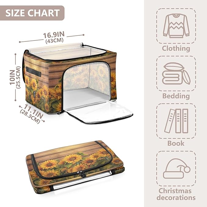 xigua Wood Grain Sunflower Clothes Storage Bins with Hold Shape Metal Frame, 2 Opening Ways Foldable Clothes Organizer Box with Clear Window & Handles for Seasonal Clothing