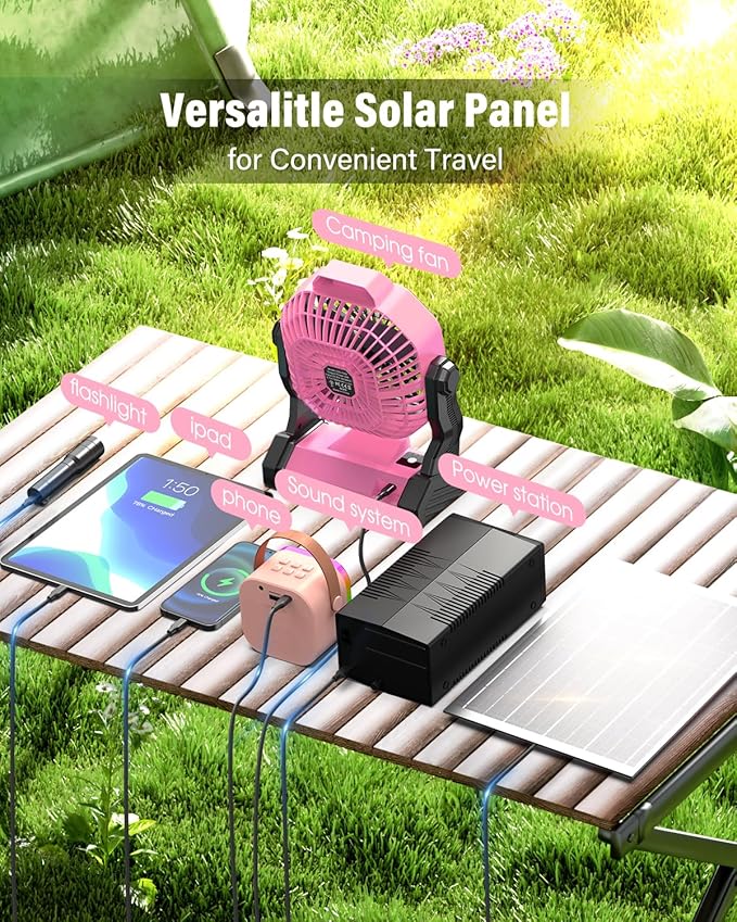 Rechargeable Solar Fan,【Max 60H Runtime】Camping Fan with Solar Panel, 10W 9-Inch Battery Operated Fans for Outside, LED Lantern, Stepless Speed Battery Powered Solar Tent Fans for Outdoor, Barbecue