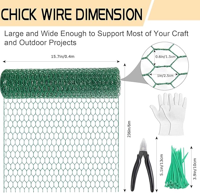 Chicken Wire 15.7in x 236in with a Pair of Gloves，1 Wire Cutter，50 Pcs Cable Zip Ties, Floral Chicken Wire Mesh 0.8in Hexagonal Galvanized PVC Coated Garden Netting Fence for Craft Poultry Garden