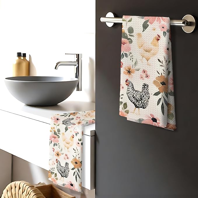 Chicken Kitchen Towels Set of 2,Chicken Gifts for Women, Chicken Mom Lady Gifts, Chicken Gifts for Chicken Lovers, Chicken Floral Hand Towels for Bathroom,16x24 Inch