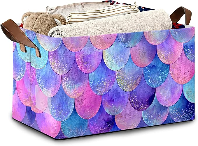 Glitter Fish Scales Storage Baskets,Mermaids Foldable Organizer Bin with Handles for Home Living Room Bedroom Closet Box 17x11.5x10Inch