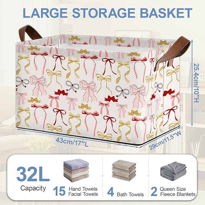Cute Pink Bow Storage Baskets,Foldable Organizer Bin with Handles for Home Living Room Bedroom Closet Box 17x11.5x10Inch