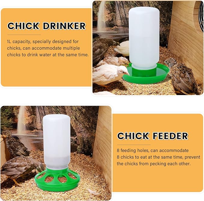 Chicken Feeder and Waterer Set no Waste Chick Feeder and Waterer Kit 1L Chicken Water Feeder Poultry Waterer Baby Chick Starter Kit (Green)