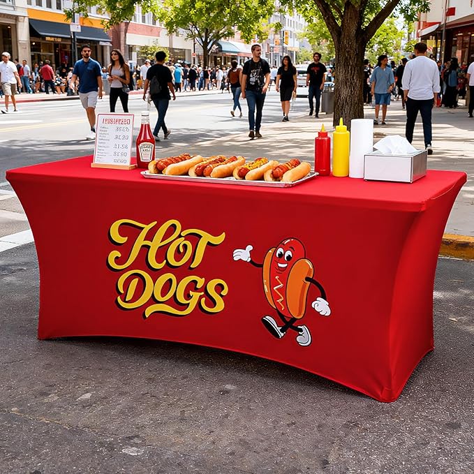 Oudain 6 ft Hot Dogs Tablecloth Stretch Spandex Hotdogs Table Cloth Cover Rectangle Table Hotdog Party Decorations for Sausage Food Hot Dog Concession Stand Supplies