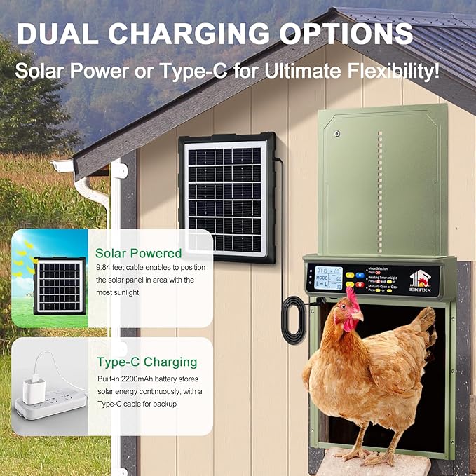 Automatic Chicken Coop Door Solar Powered with Timer, Light Sensor, Remote Control, LCD Display, Aluminum Alloy 4 Auto Modes Wide Chicken House Door, Green