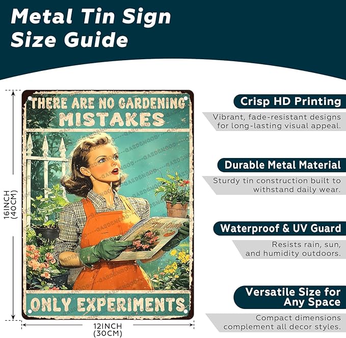 Vintage Garden Metal Sign Gardener Gardening Girl Poster There Are No Gardening Mistakes Only Experiments Metal Poster Garden Home Art Wall Decor 16x12 Inch